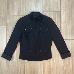 Elie Tahari Black Linen Blend Utility Jacket Women's Medium Hook & Eye